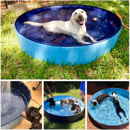 Collapsible dog pool with drain for easy water removal, available in blue water pattern and red sea wave designs
