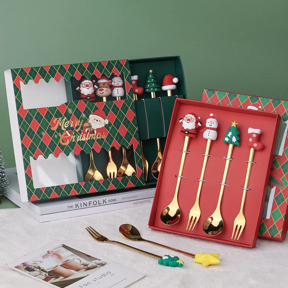 Red stainless steel Christmas spoons and forks with decorative snowman and Christmas tree handles