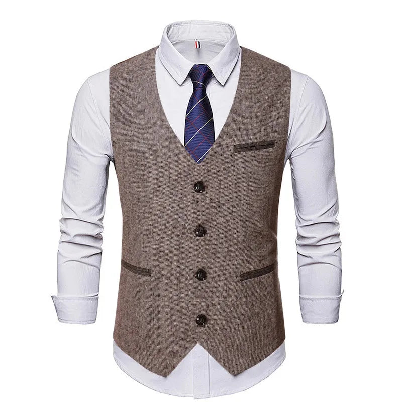 Men's brown sleeveless contrast waistcoat in British style with steampunk and American retro influences, sizes L to XXXL.