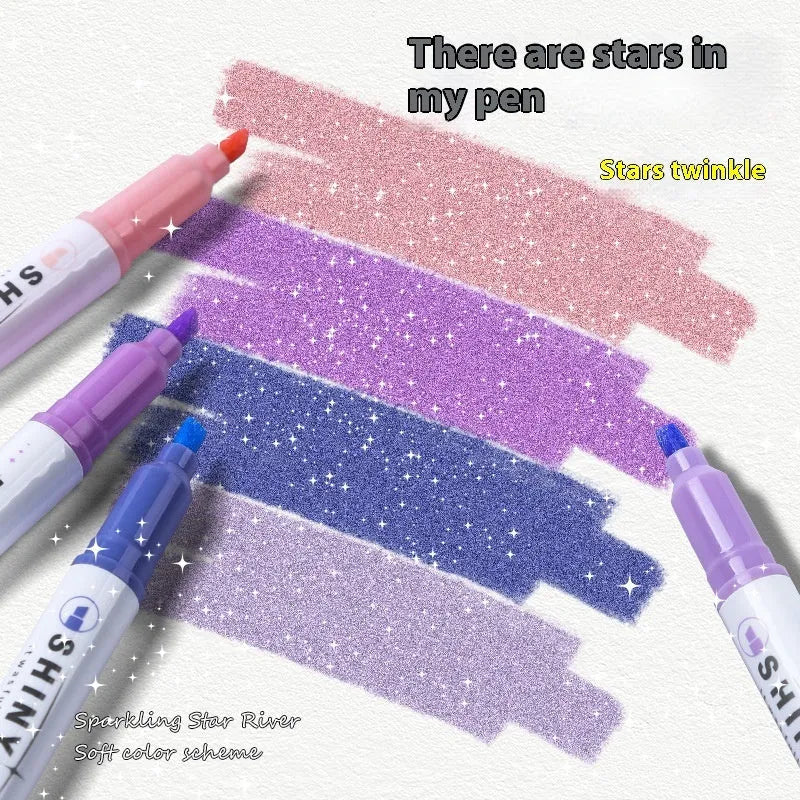 Sparkling Star River Highlighter set with 4mm slanted tip and glitter ink in six shades including taro puff and mung bean smoothie.