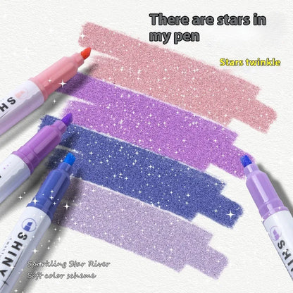 Sparkling Star River Highlighter set with 4mm slanted tip and glitter ink in six shades including taro puff and mung bean smoothie.