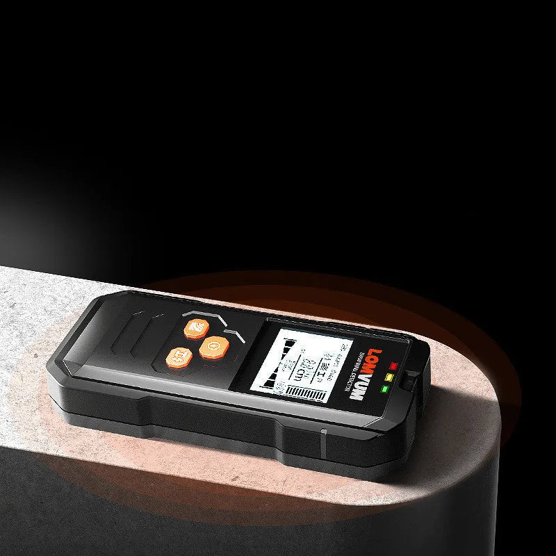 Handheld multifunctional wall detector for finding metal, wires, and wooden studs behind walls.