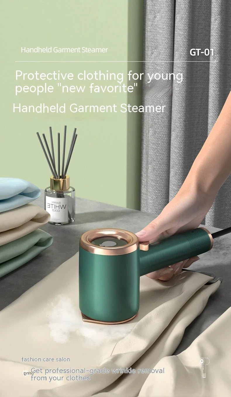 Compact handheld garment steamer with titanium-coated soleplate for quick, wrinkle-free clothing care