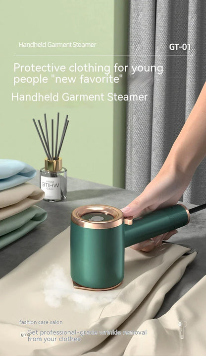 Compact handheld garment steamer with titanium-coated soleplate for quick, wrinkle-free clothing care