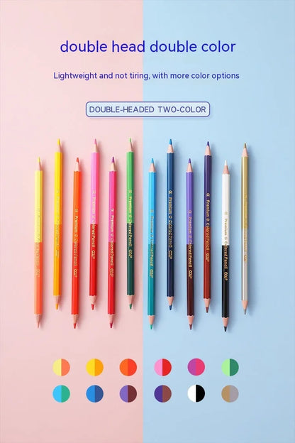 Colour pencil set with double-headed brush design showing wooden pencils in 12 or 24 colour options