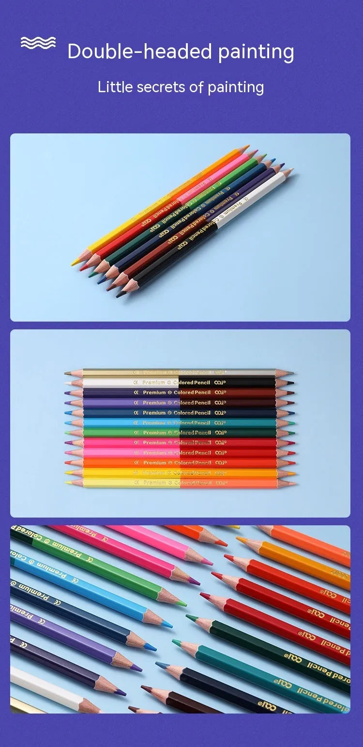 Colour pencil set with double-headed brush design showing wooden pencils in 12 or 24 colour options