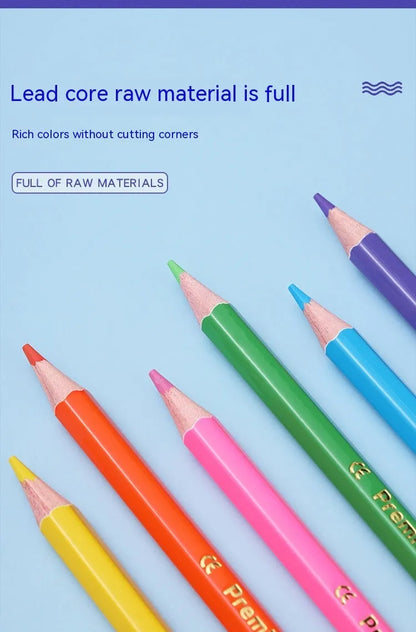 Colour pencil set with double-headed brush design showing wooden pencils in 12 or 24 colour options