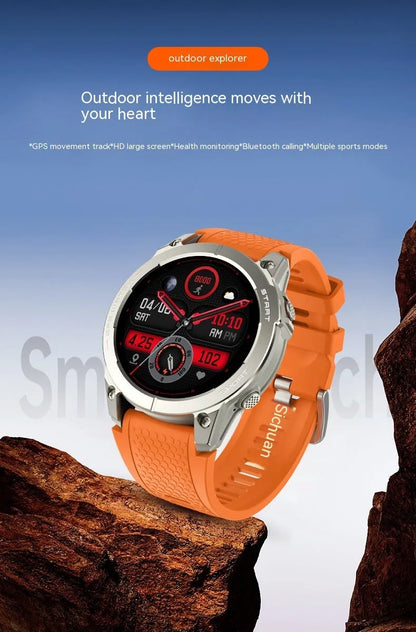 S53 Outdoor GPS Sports Smart Watch in black or orange with 1.43 inch touch screen and silicone strap