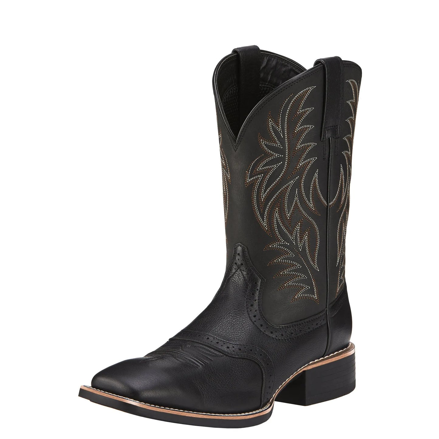 Black Western cowboy boot with vintage embroidery, square toe, and low heel on a rubber sole