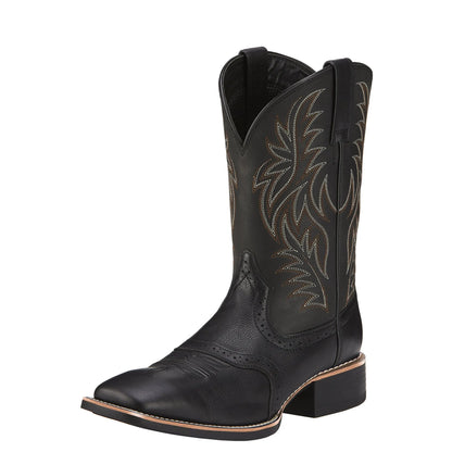 Black Western cowboy boot with vintage embroidery, square toe, and low heel on a rubber sole