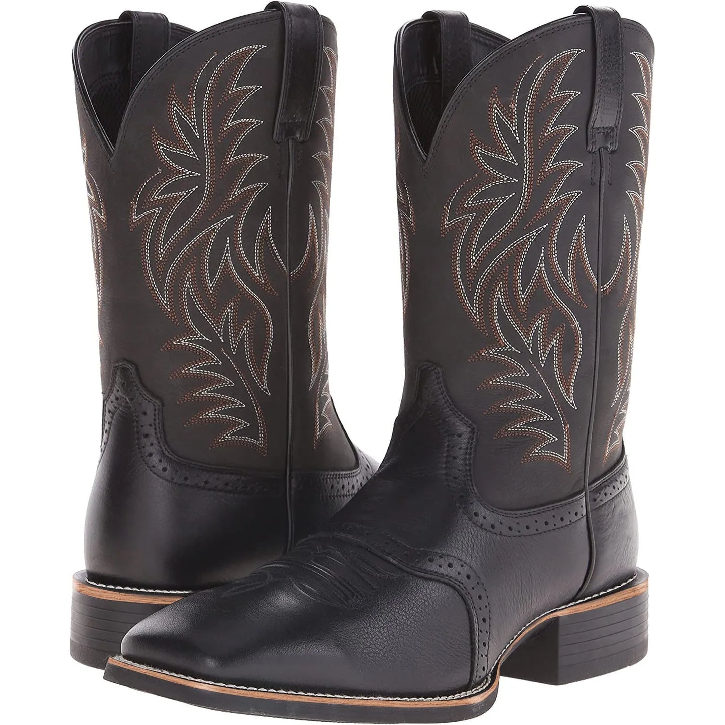 Black Western cowboy boot with vintage embroidery, square toe, and low heel on a rubber sole