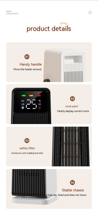White small electric air conditioner heater with PTC heating, 1500W, oscillating air supply, touch control and timer.