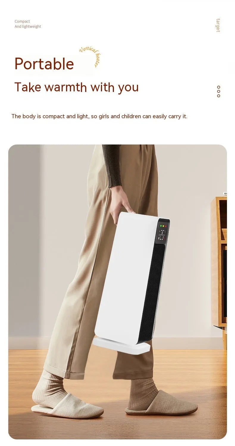 White small electric air conditioner heater with PTC heating, 1500W, oscillating air supply, touch control and timer.
