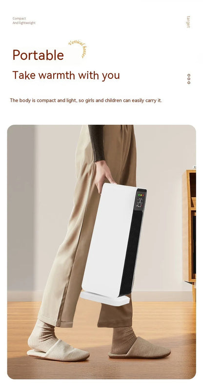 White small electric air conditioner heater with PTC heating, 1500W, oscillating air supply, touch control and timer.