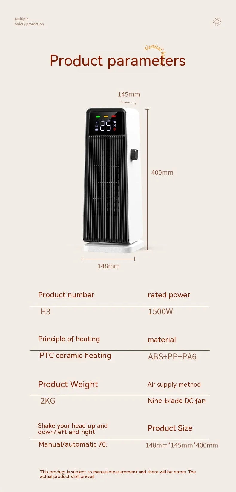 White small electric air conditioner heater with PTC heating, 1500W, oscillating air supply, touch control and timer.