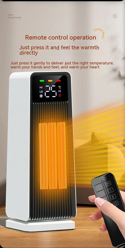 White small electric air conditioner heater with PTC heating, 1500W, oscillating air supply, touch control and timer.