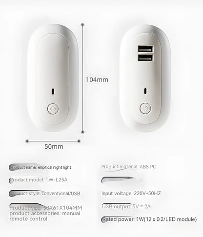 Oval small night lamp with dual USB ports and remote control measuring 50x61x104mm