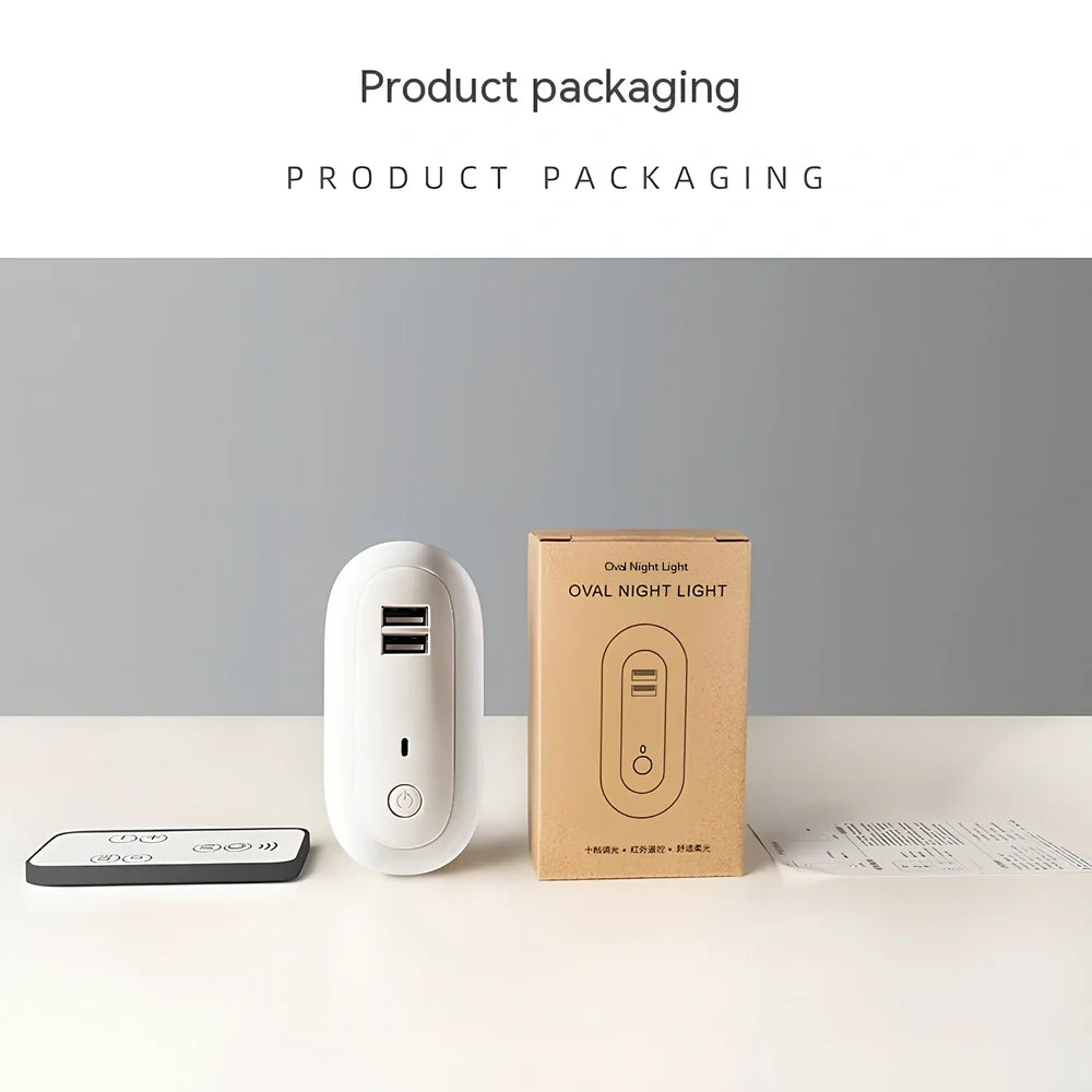 Oval small night lamp with dual USB ports and remote control measuring 50x61x104mm