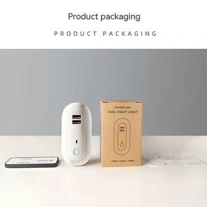 Oval small night lamp with dual USB ports and remote control measuring 50x61x104mm