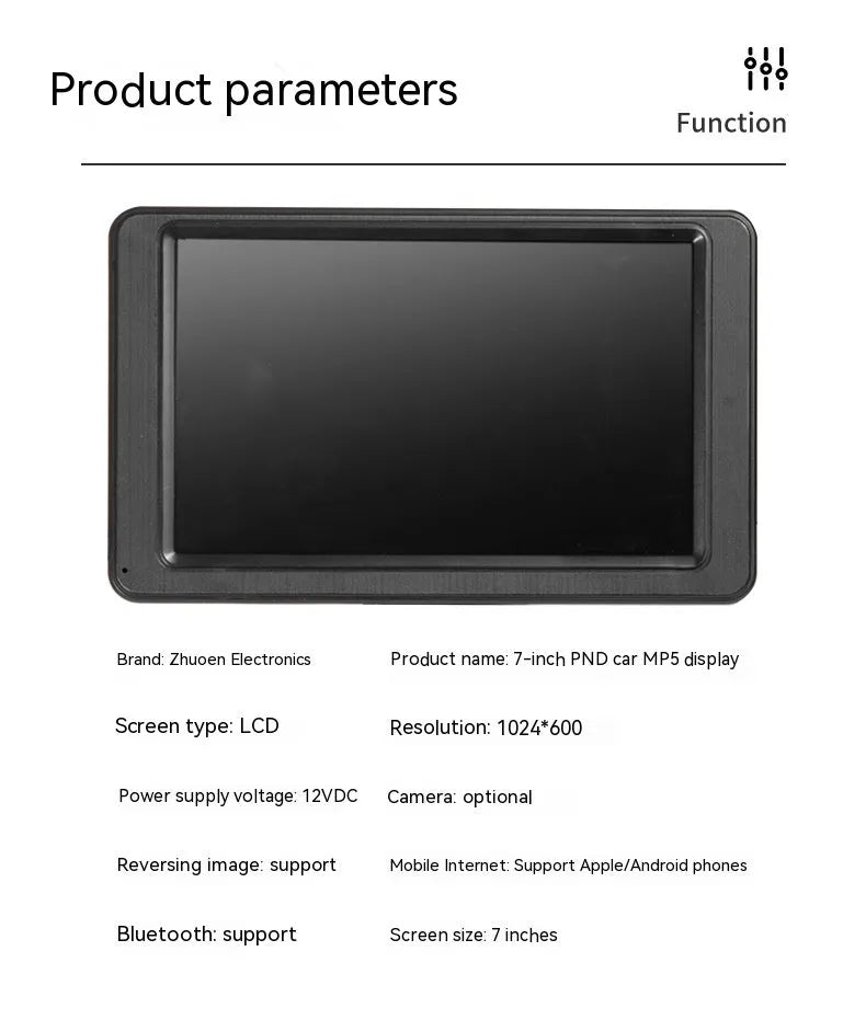 Black portable 7-inch vehicle MP5 player with LCD screen and mounting bracket.