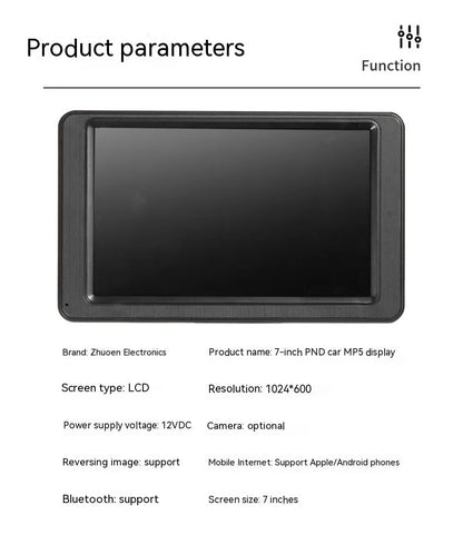 Black portable 7-inch vehicle MP5 player with LCD screen and mounting bracket.