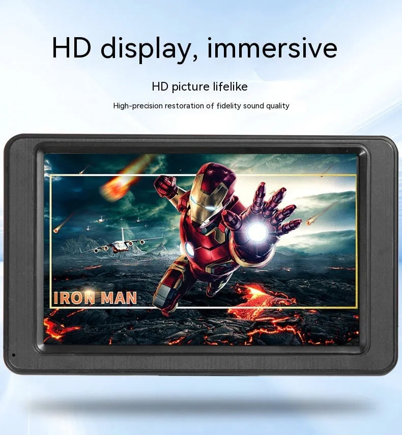 Black portable 7-inch vehicle MP5 player with LCD screen and mounting bracket.