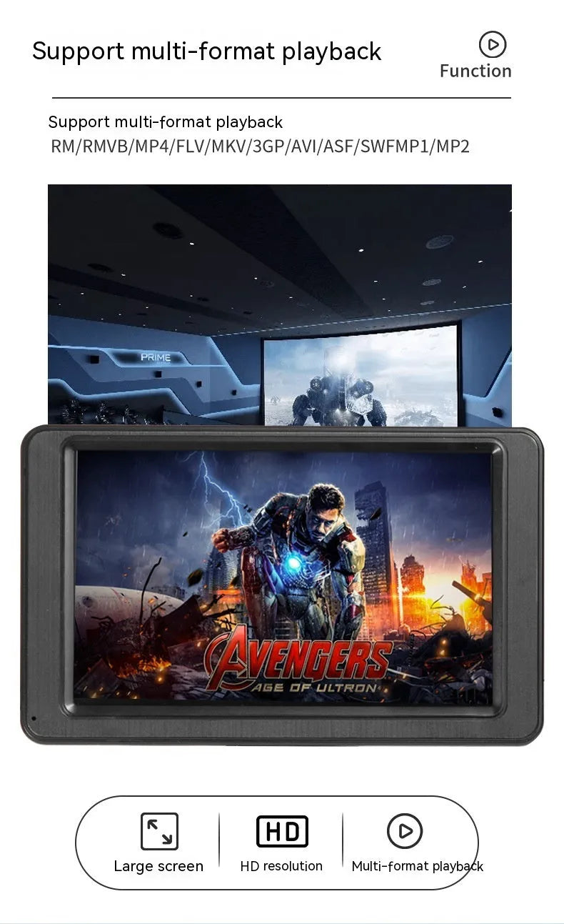 Black portable 7-inch vehicle MP5 player with LCD screen and mounting bracket.