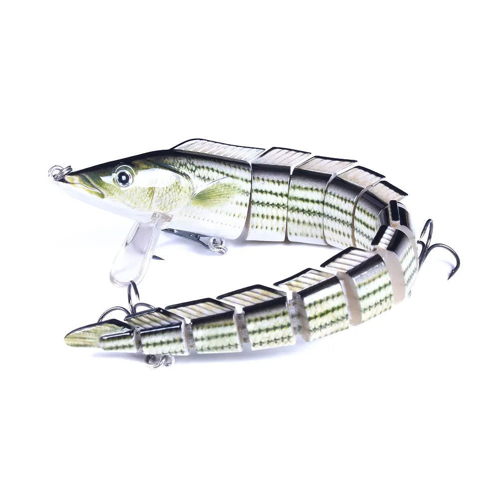 A multi-section articulated fishing lure imitating a loach, shown in one of five colour variants, measuring 23 cm.