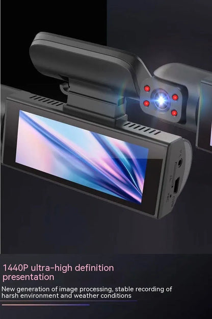 Dual-lens HD driving recorder with 3.5-inch screen showing vehicle footage