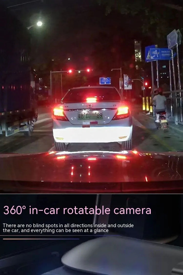 Dual-lens HD driving recorder with 3.5-inch screen showing vehicle footage