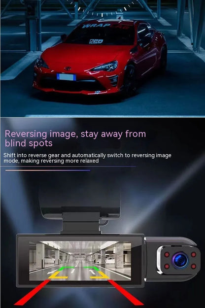 Dual-lens HD driving recorder with 3.5-inch screen showing vehicle footage