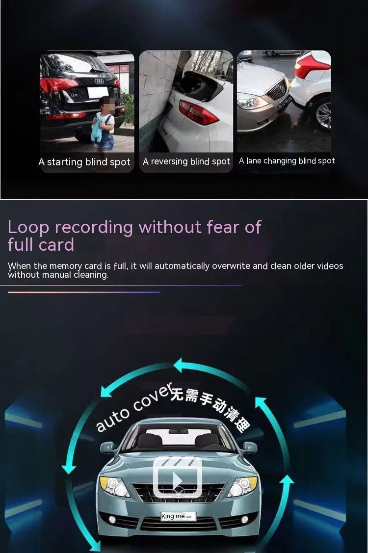Dual-lens HD driving recorder with 3.5-inch screen showing vehicle footage