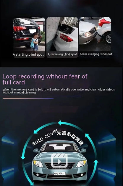 Dual-lens HD driving recorder with 3.5-inch screen showing vehicle footage
