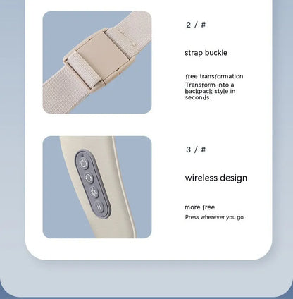 Shoulder and neck massager with hot compress, six vibration caps, three gears, 10 minute timer, PU leather, beige or grey.