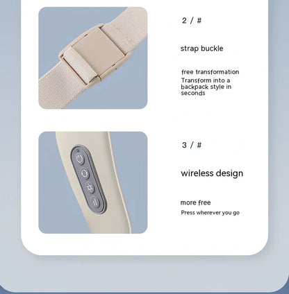 Beige neck massager with 6 vibration caps showing infrared heating function and wireless remote control