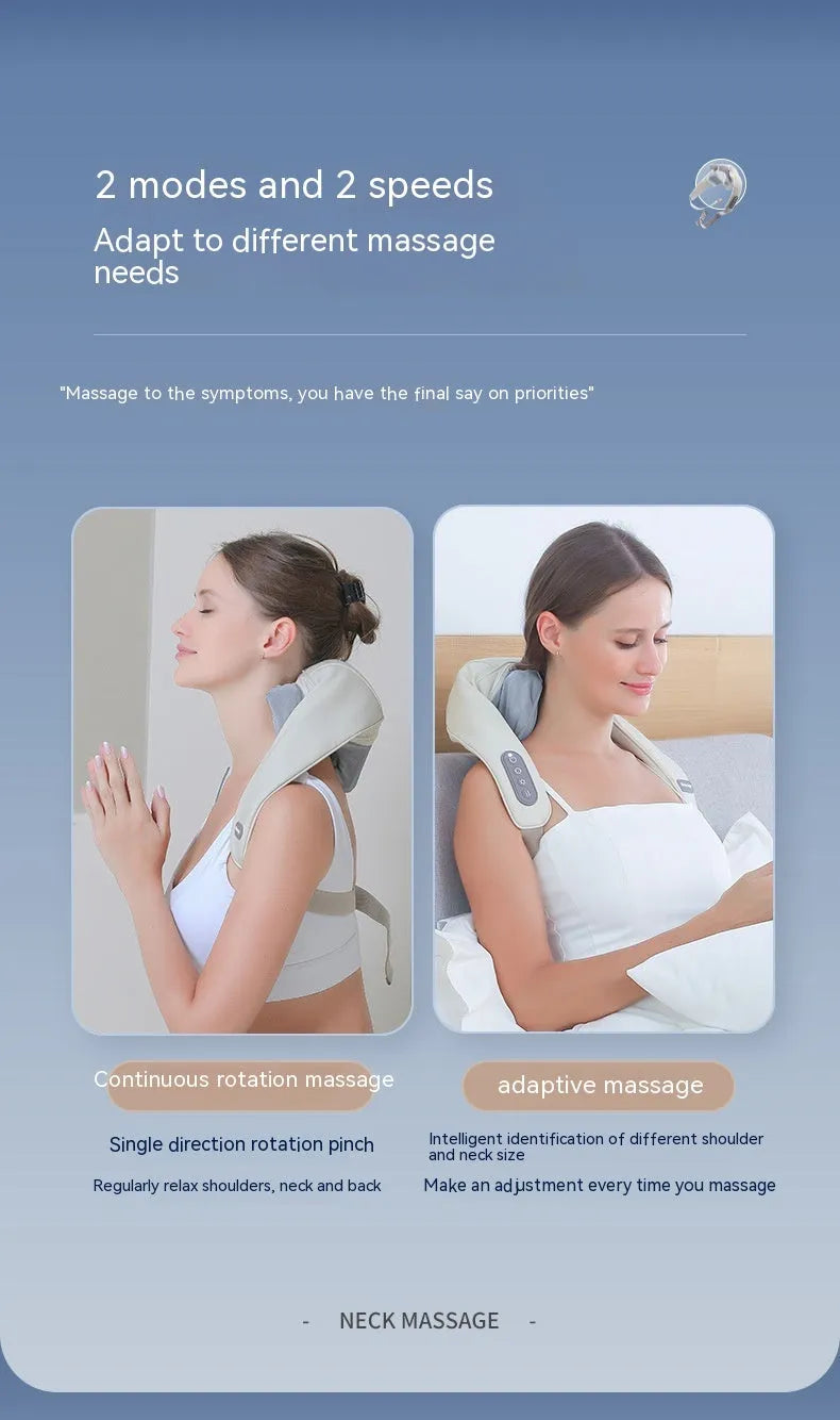 Shoulder and neck massager with hot compress, six vibration caps, three gears, 10 minute timer, PU leather, beige or grey.