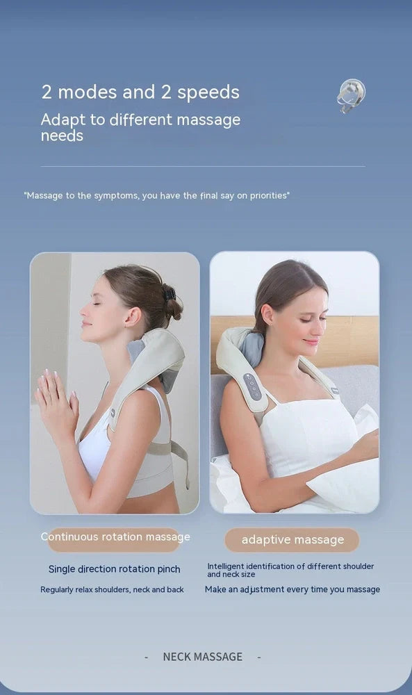 Beige neck massager with 6 vibration caps showing infrared heating function and wireless remote control