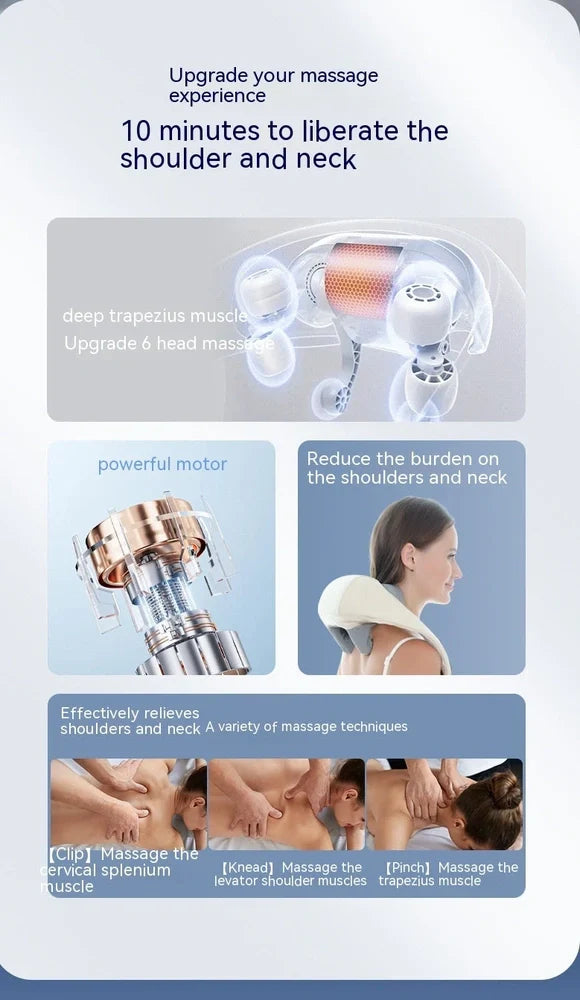 Beige neck massager with 6 vibration caps showing infrared heating function and wireless remote control