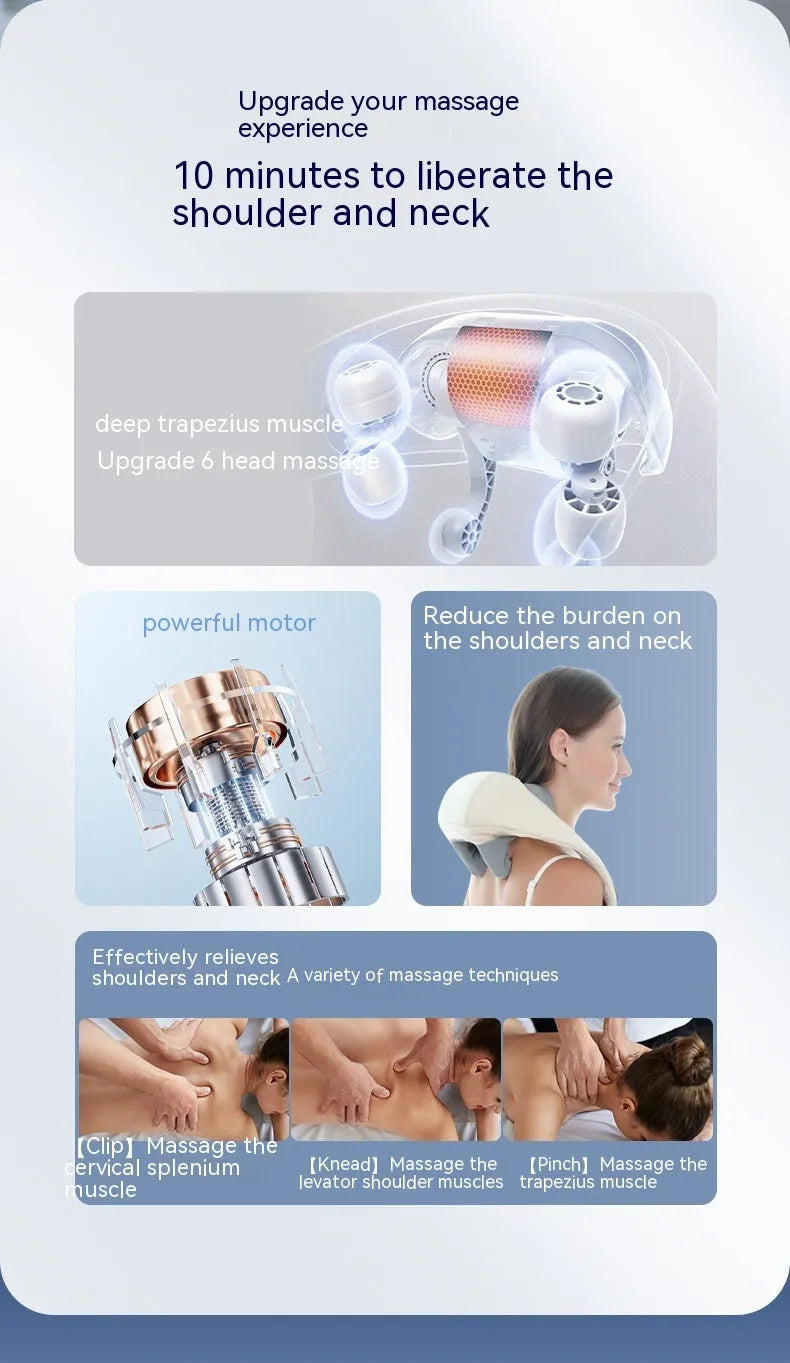 Shoulder and neck massager with hot compress, six vibration caps, three gears, 10 minute timer, PU leather, beige or grey.