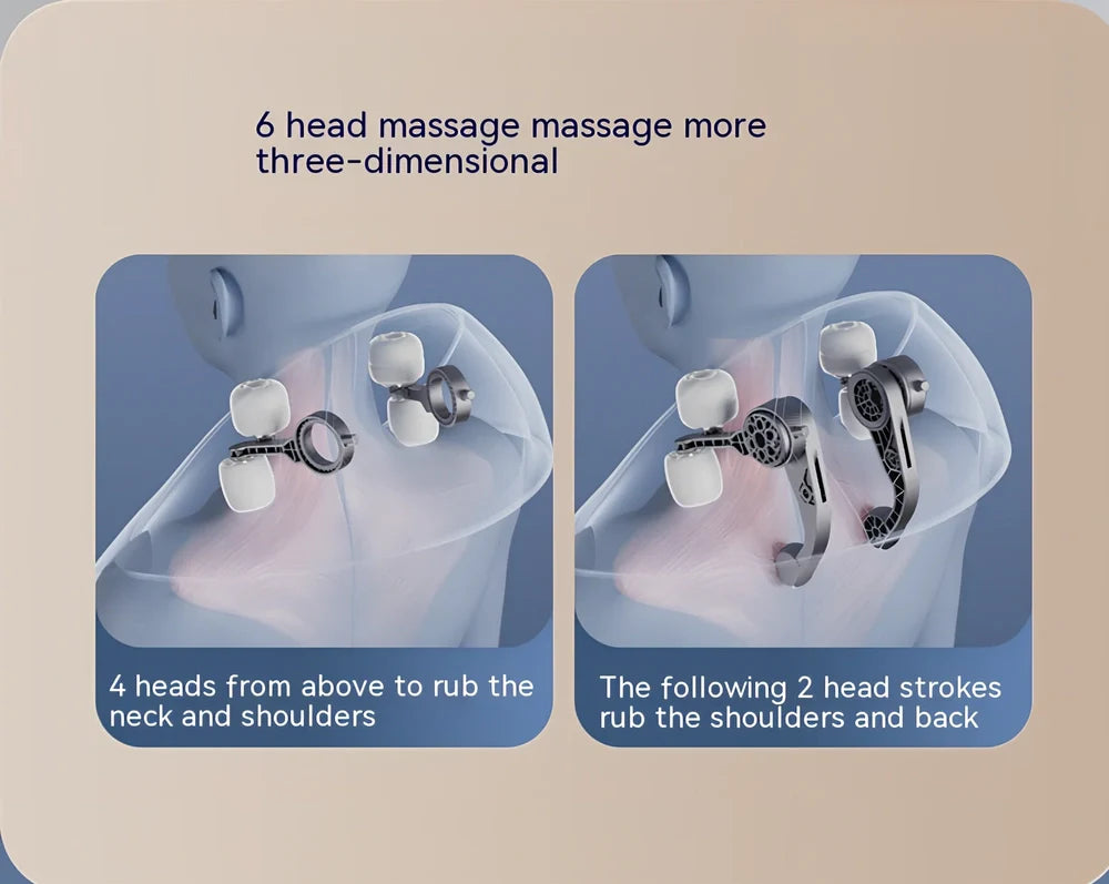 Beige neck massager with 6 vibration caps showing infrared heating function and wireless remote control