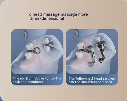 Beige neck massager with 6 vibration caps showing infrared heating function and wireless remote control