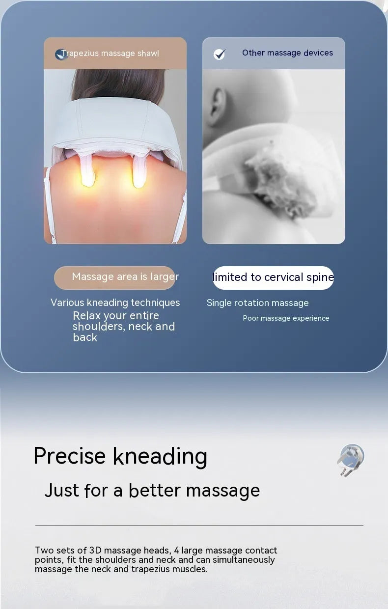 Shoulder and neck massager with hot compress, six vibration caps, three gears, 10 minute timer, PU leather, beige or grey.