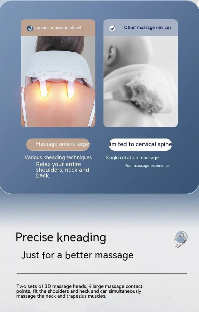 Beige neck massager with 6 vibration caps showing infrared heating function and wireless remote control