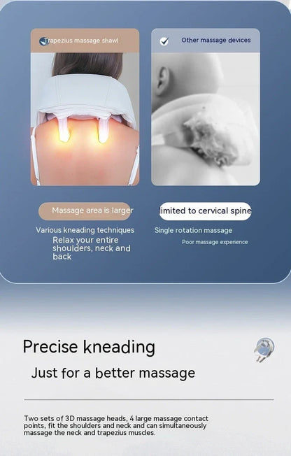 Beige neck massager with 6 vibration caps showing infrared heating function and wireless remote control