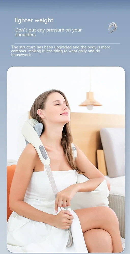 Beige neck massager with 6 vibration caps showing infrared heating function and wireless remote control