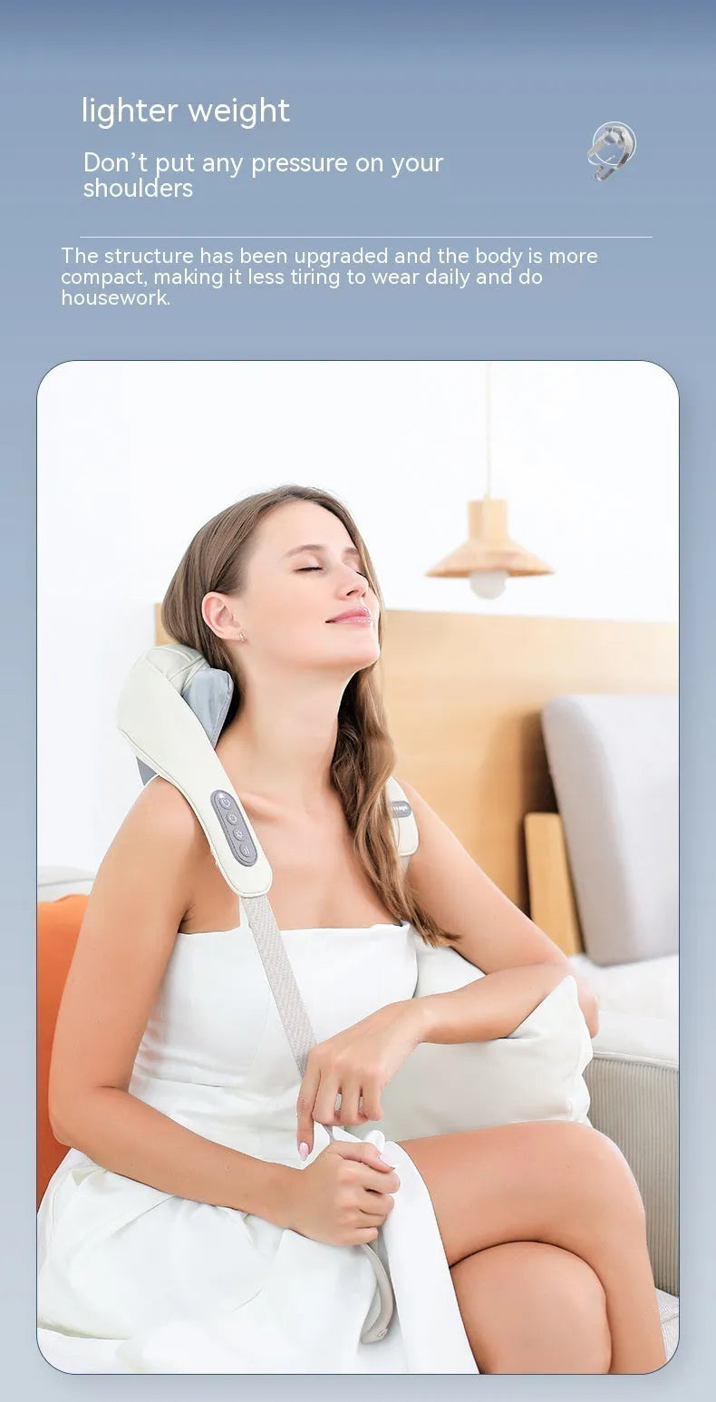 Shoulder and neck massager with hot compress, six vibration caps, three gears, 10 minute timer, PU leather, beige or grey.
