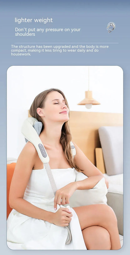 Shoulder and neck massager with hot compress, six vibration caps, three gears, 10 minute timer, PU leather, beige or grey.