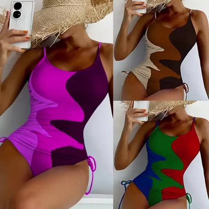 A blue one-piece swimsuit for women, showing sleeveless and backless design on a mannequin.