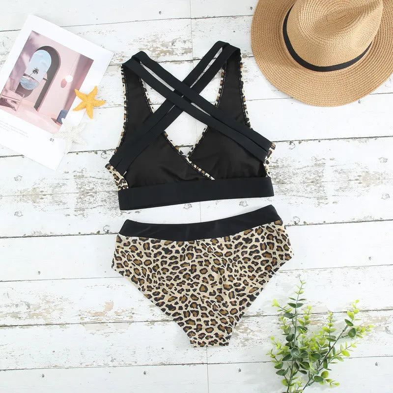 Women's leopard print bikini swimsuit with cross banded V-neck design