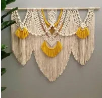 Creamy white hand-woven cotton tapestry with a rectangle shape for wall decor.